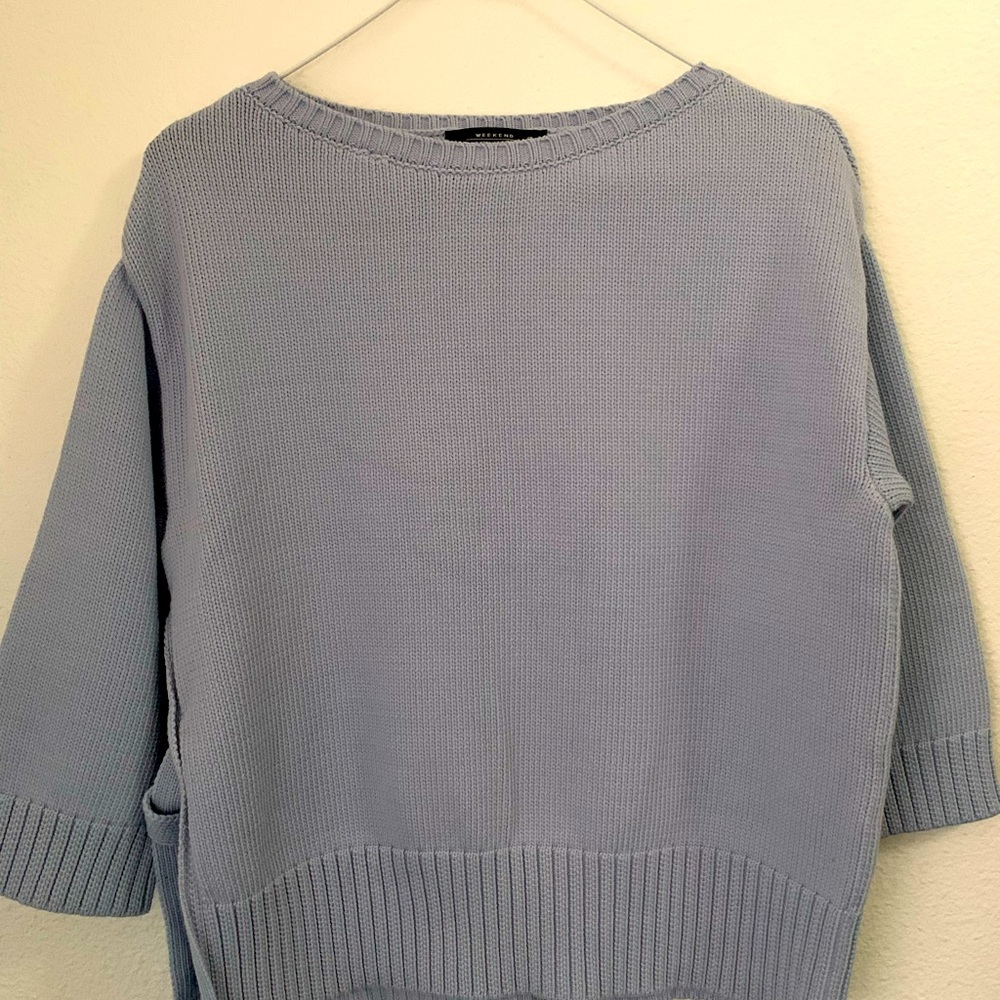 Weekend MaxMara blue sweater size small. 67% cotton 33% polyamide. 3/4 sleeves.